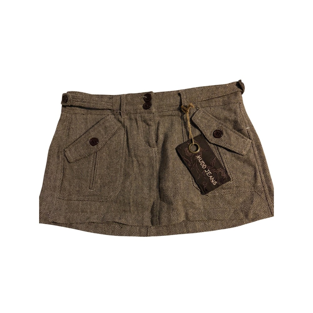 Mudd‎ Jeans Mini Skirt Herringbone Brown Tweed Buckle Detail Size 11 NWT Y2K